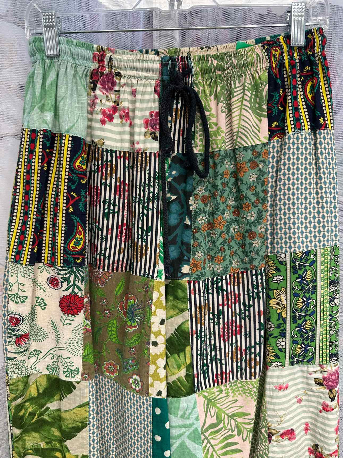 Jaded Gypsy Patchwork Drawstring Waist Loose Fit Wide Leg Size L/XL Green Pants