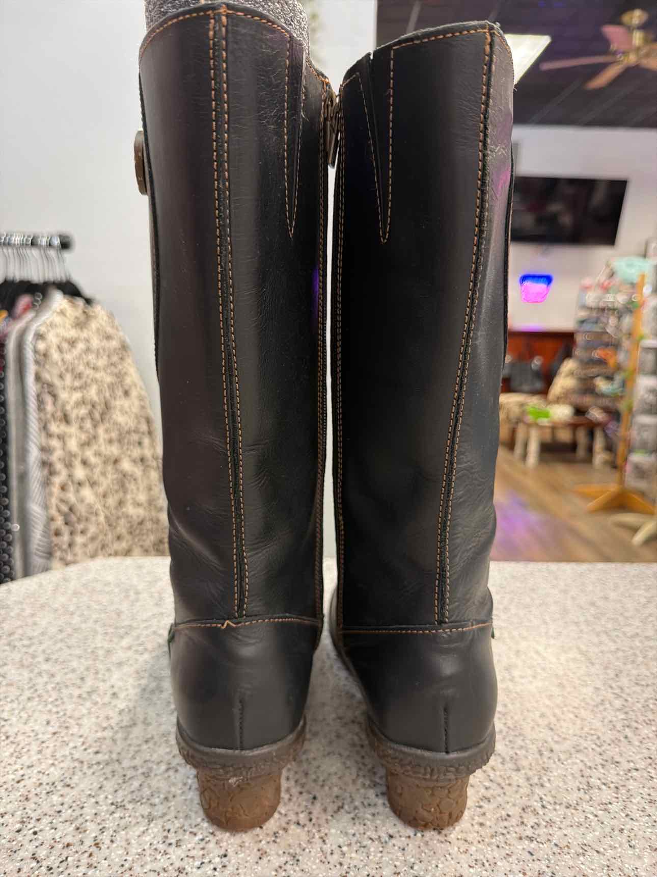 El Naturalista Size 40 Leather Mid-Calf Low Block Heel Black Boots