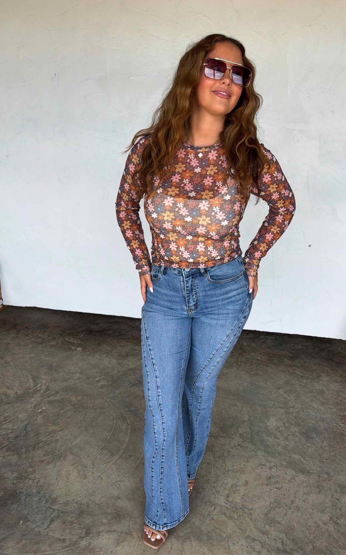 Fall Flower Dress It Up Mesh Long Sleeve Top