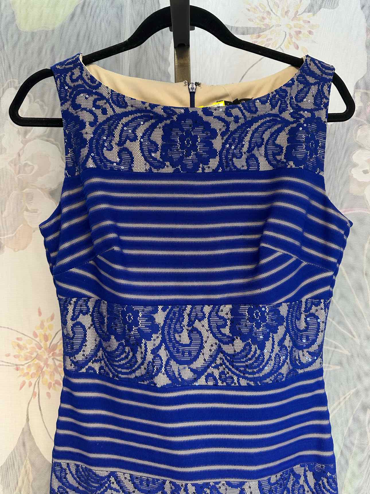 NWT Chaya 4 Blue Formal Dress stripe/paisley lace design, floor length