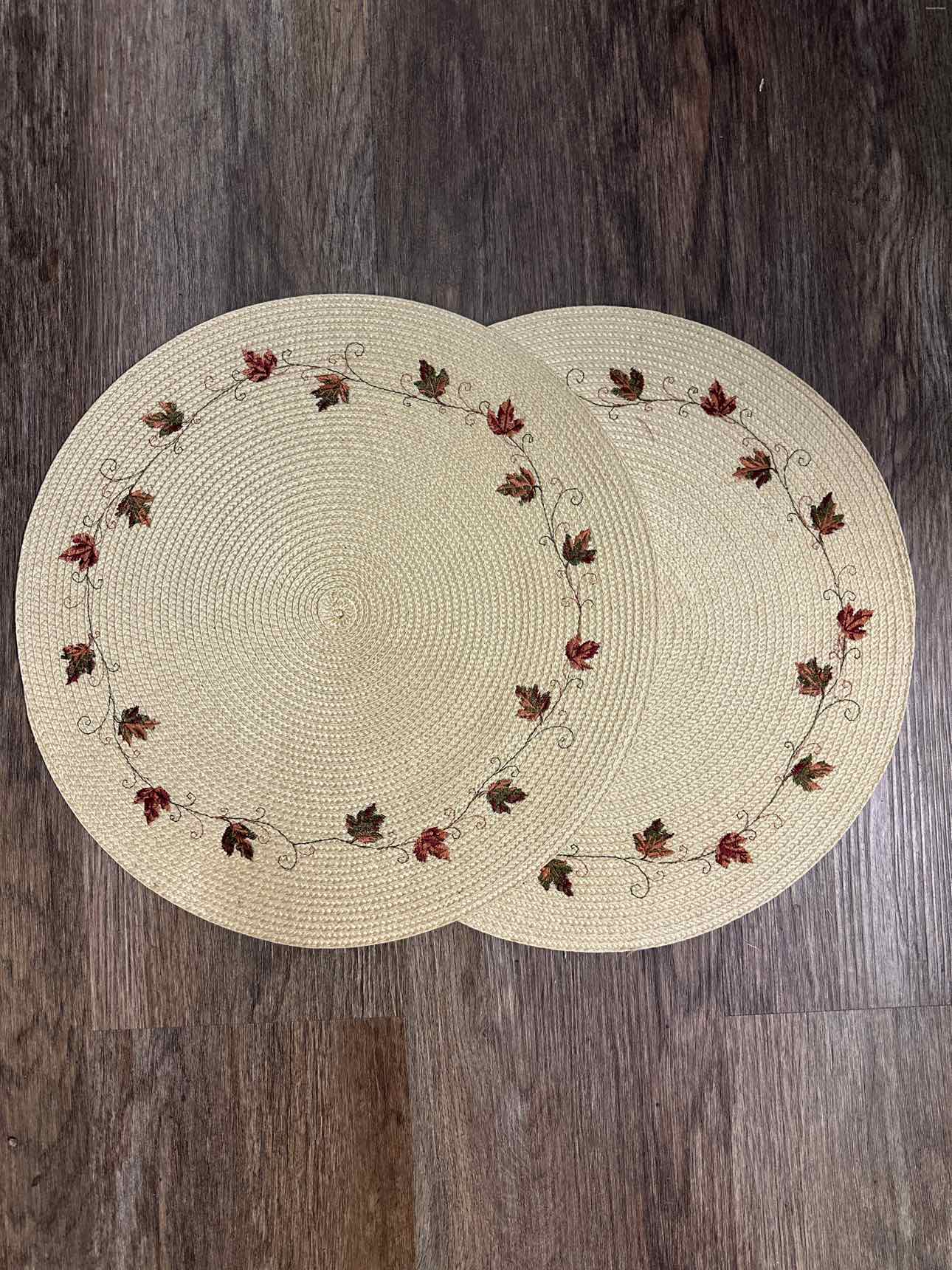 Two 15" Round Fall Embroidered Leaves Place Mats Home Decor