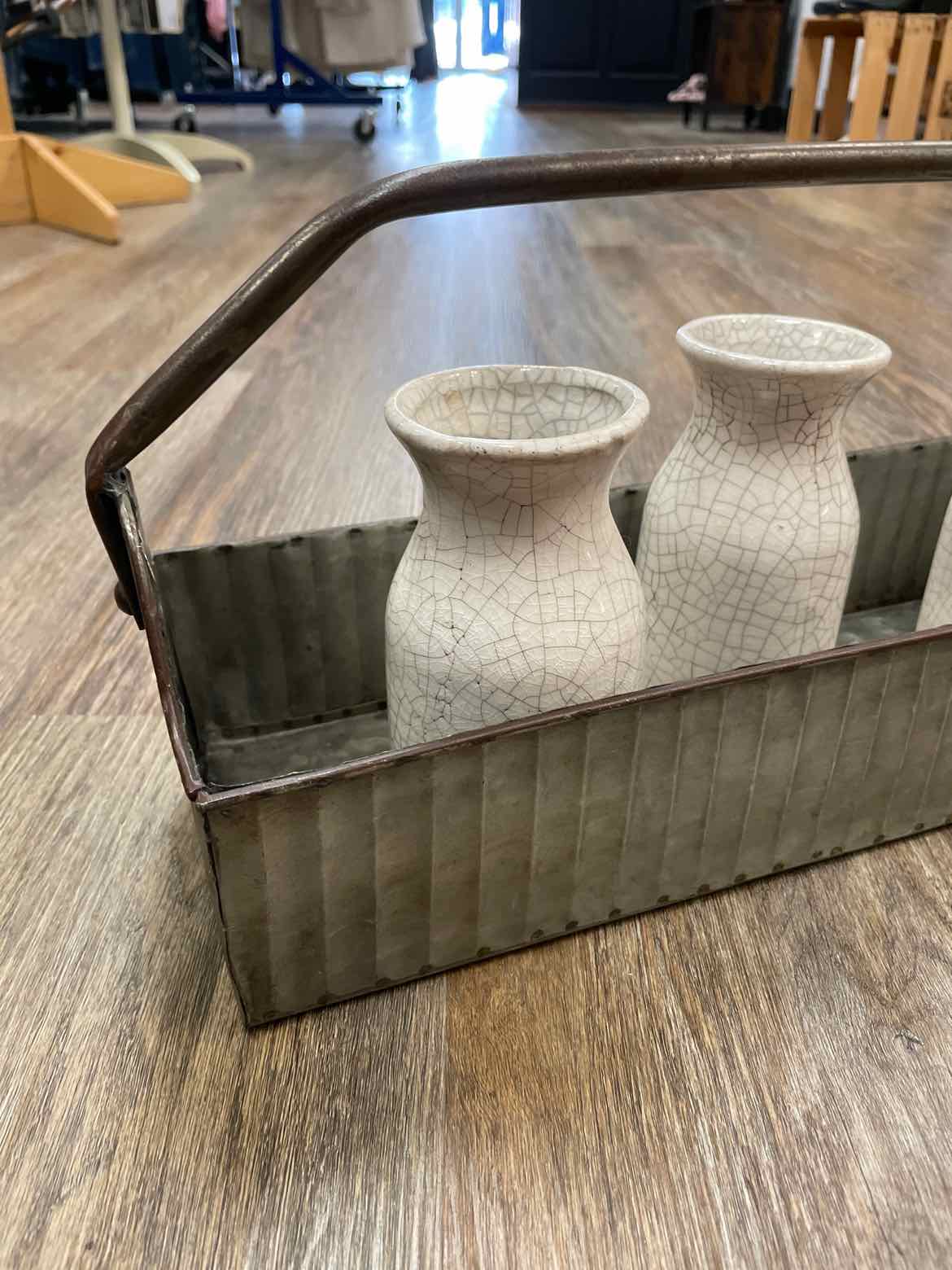 Rustic Metal Tote with 4 Crackle Bud Milk Jug Ceramic Bottles Home Decor