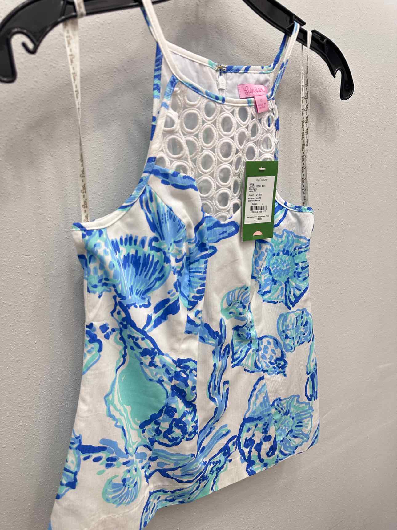 Lilly Pulitzer Size 0 Blue White Barefoot Princess Shell Print Blouse Tank Top NEW NWT