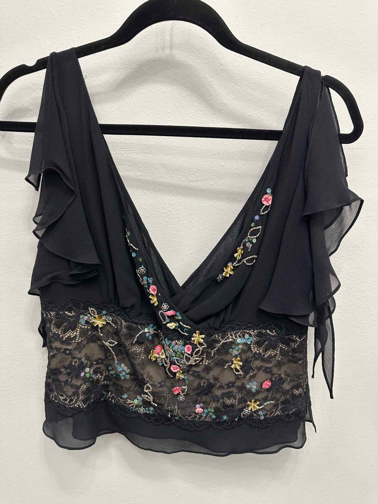 Karen Millen 100% Silk Floral Decor Lace Overlay Plunge Neck 14 Black/Tan Top