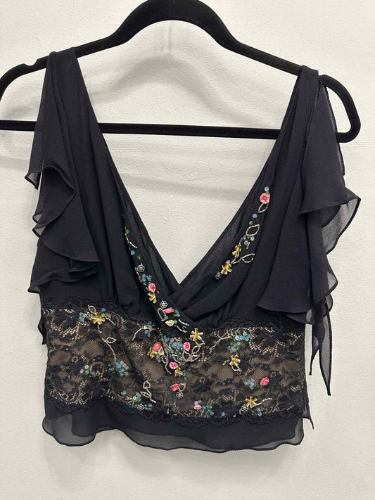 Karen Millen 100% Silk Floral Decor Lace Overlay Plunge Neck 14 Black/Tan Top