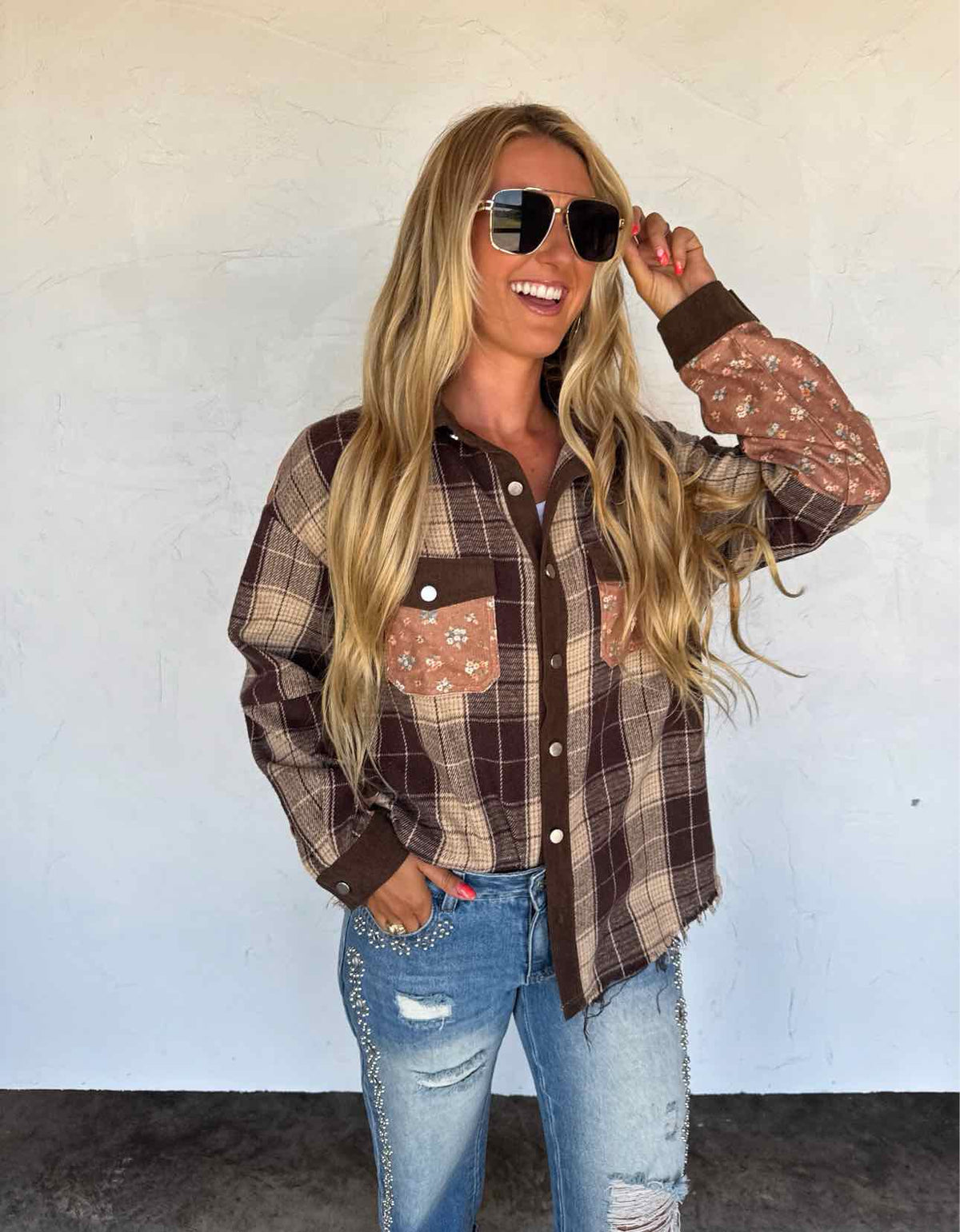 Scarlett Plaid and Floral Corduroy Patch Fall Shacket