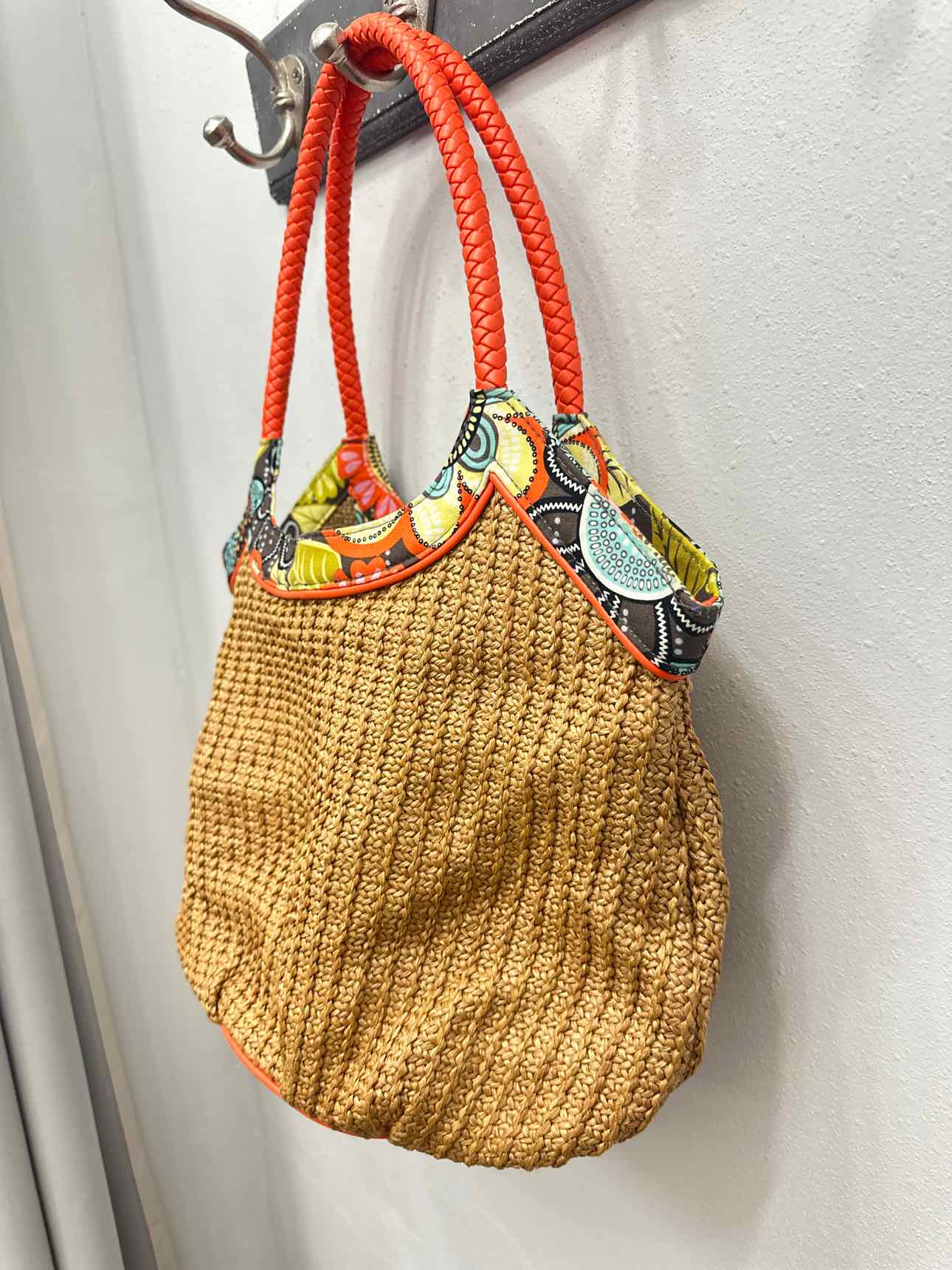 Vera Bradley Straw Bucket Tote Floral Pattern Brown and Orange Trim Handbag