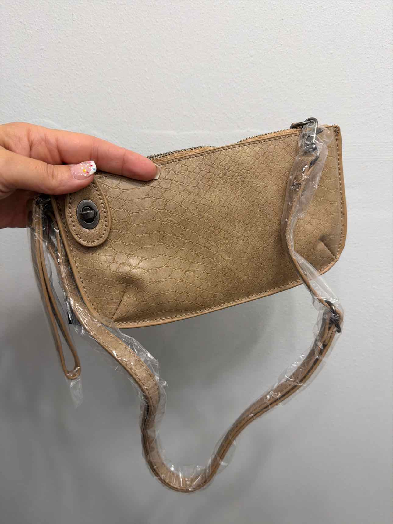 Joy Susan Small Slim Clutch Crossbody Tan Twist Lock Wristlet Handbags