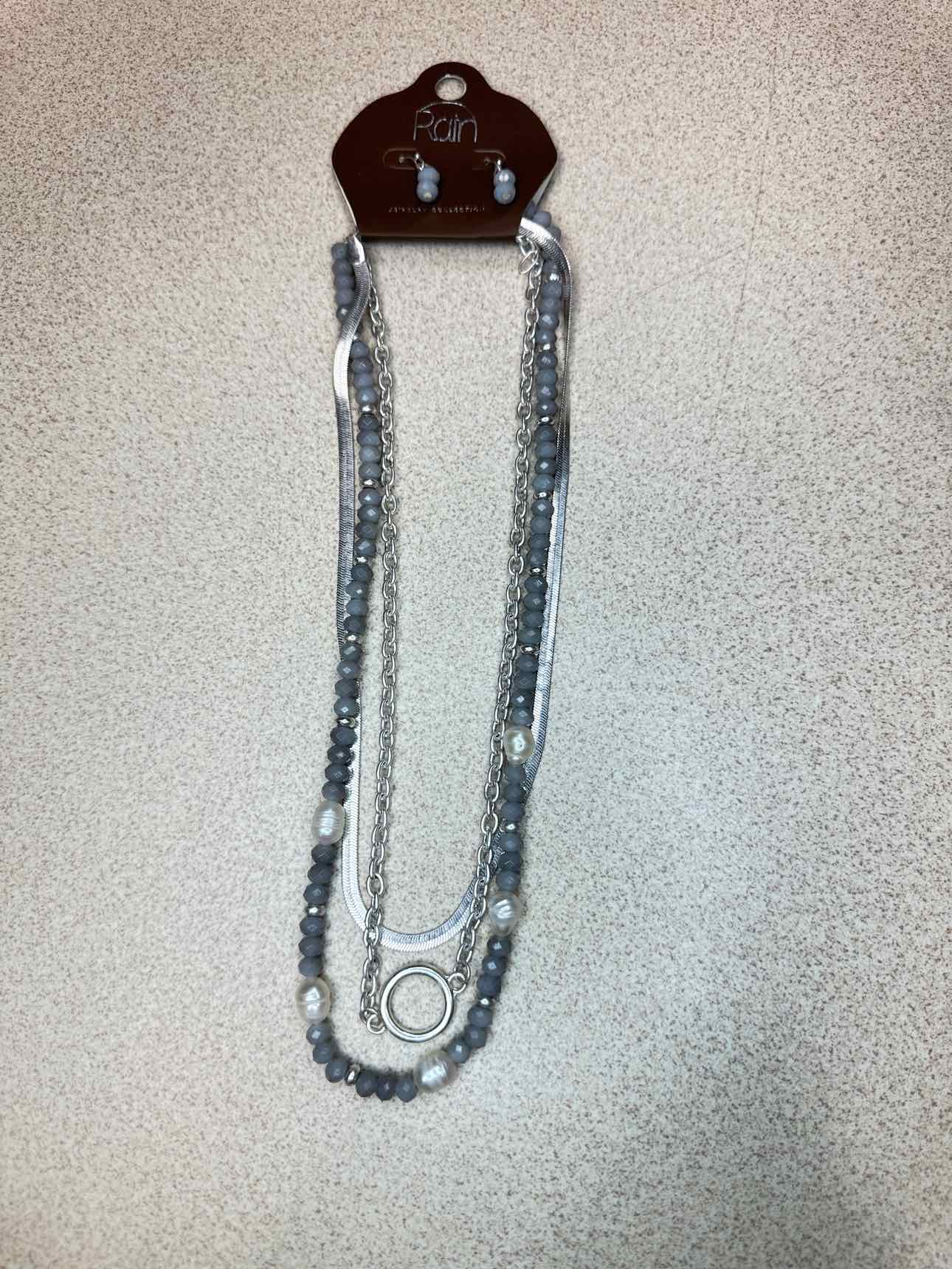 Gray Bead Chain Layering Silver-Tone Adjustable Necklace Earrings Set