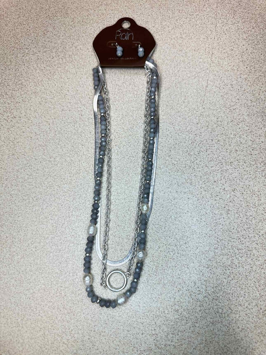 Gray Bead Chain Layering Silver-Tone Adjustable Necklace Earrings Set