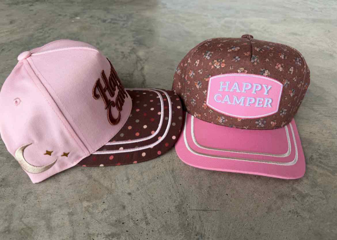 Happy Camper Embroidered Stitching Floral or Dotted Print Trucker Hat