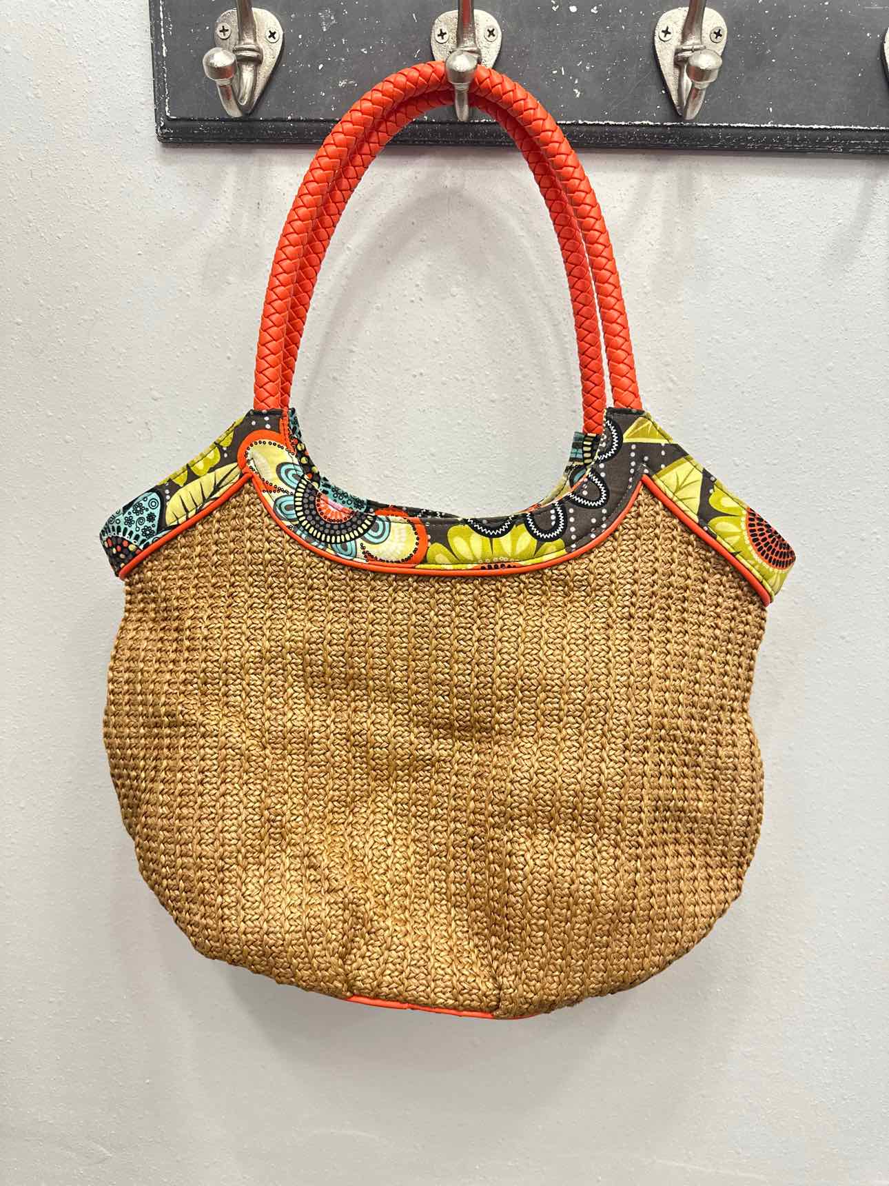 Vera Bradley Straw Bucket Tote Floral Pattern Brown and Orange Trim Handbag