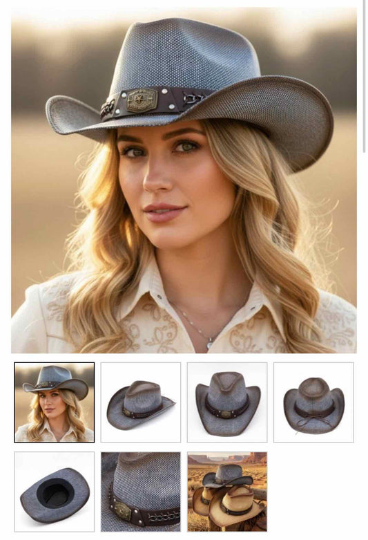 Rustic Cowboy Hat With Chain & Concho Detail & Vegan Leather Band