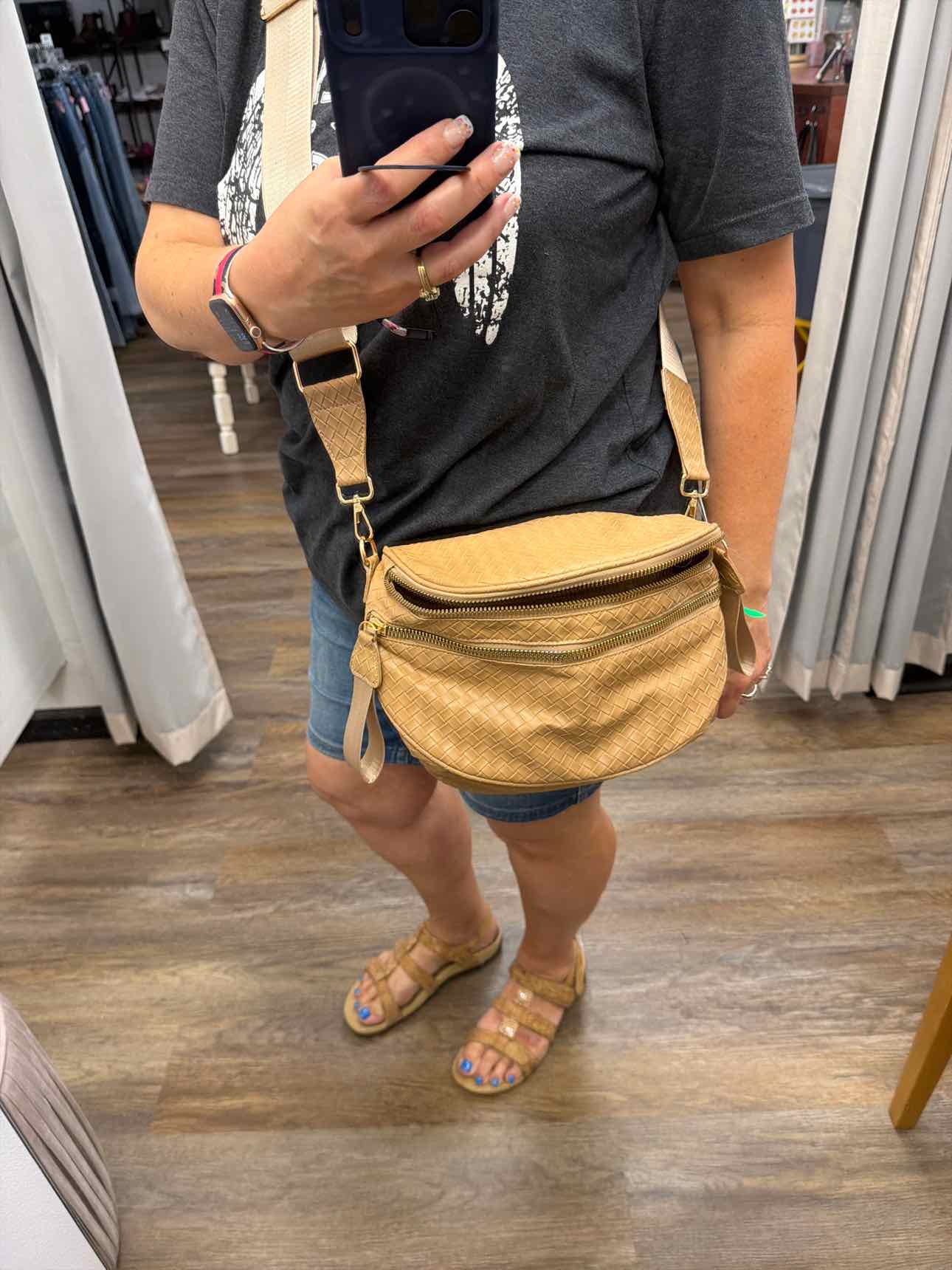 NEW woven faux leather multipocket waist bag crossbody Tan Handbags