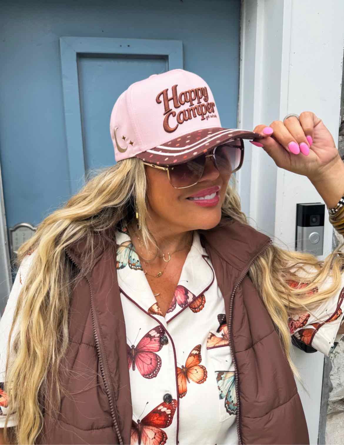 Happy Camper Embroidered Stitching Floral or Dotted Print Trucker Hat