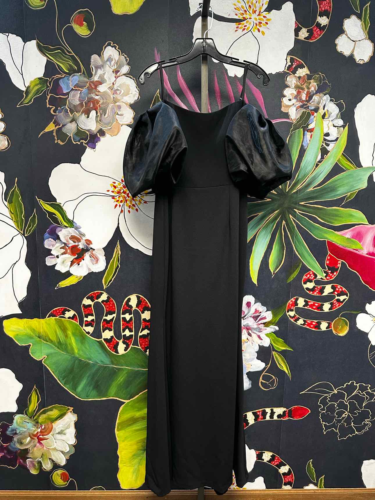 Eliza J Size 12 Black Formal Bodycon Gown Dress with Puffy Off Shoulder Sleeves