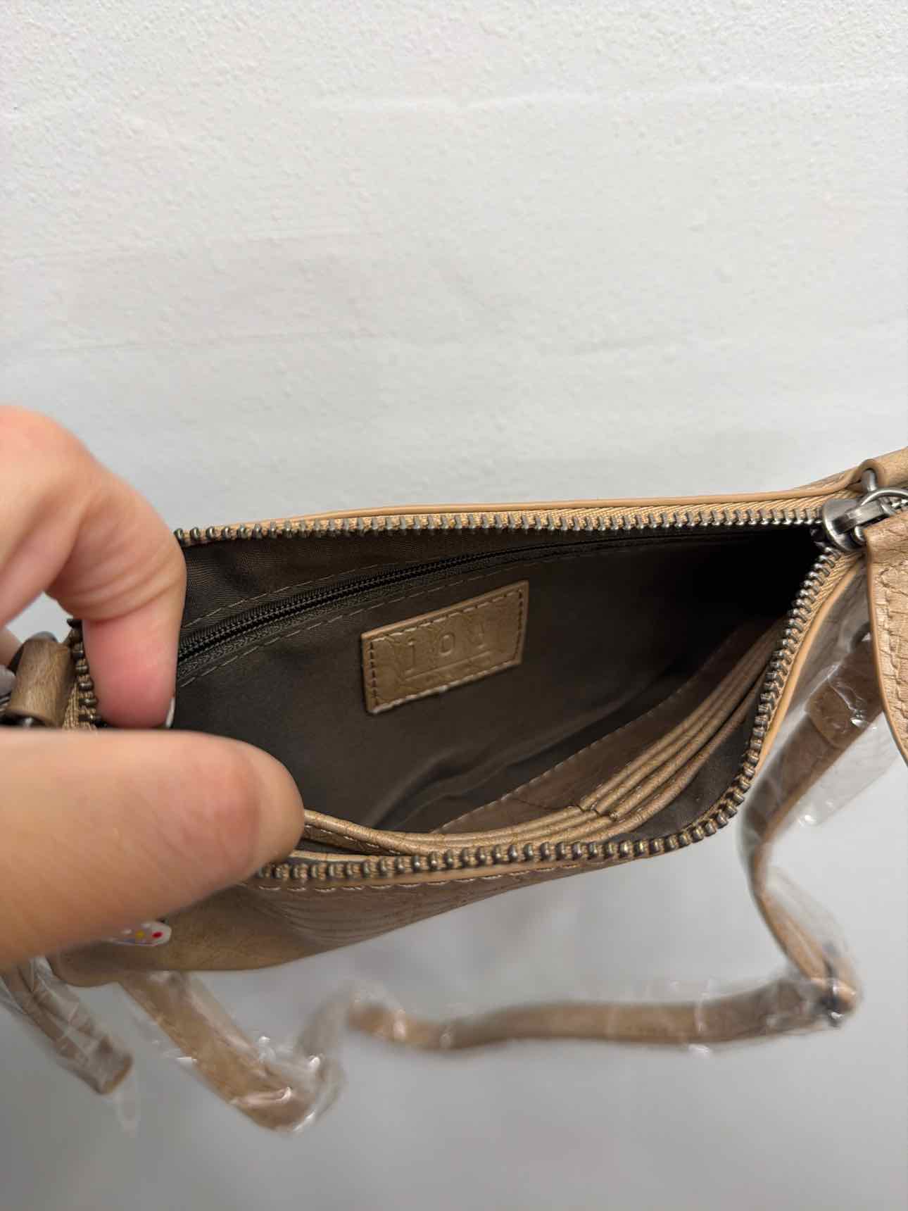Joy Susan Small Slim Clutch Crossbody Tan Twist Lock Wristlet Handbags