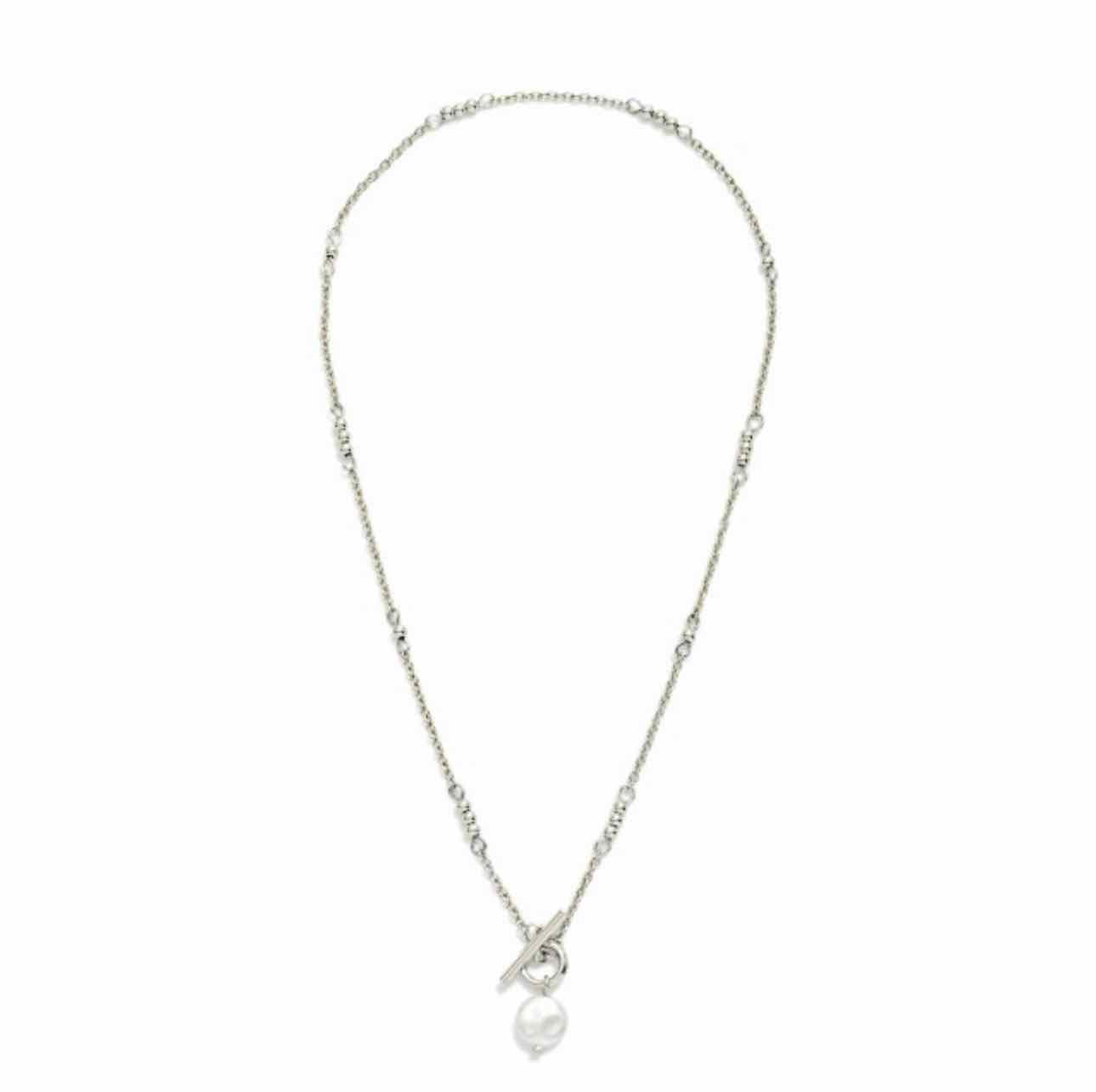 Chain Link Necklace Metal Tone Beaded Stations With Flat Pearl & Toggle Clasp