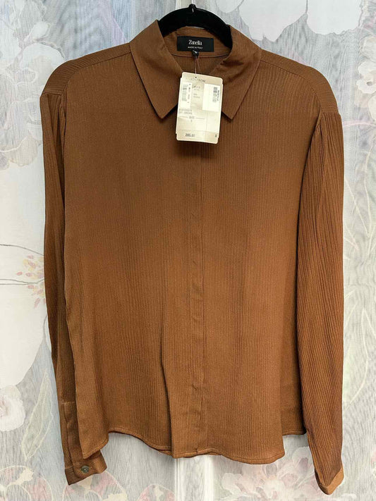 Zanella NEW NWT Ribbed Texture Button Down Long Sleeve Size 8 Brown Top