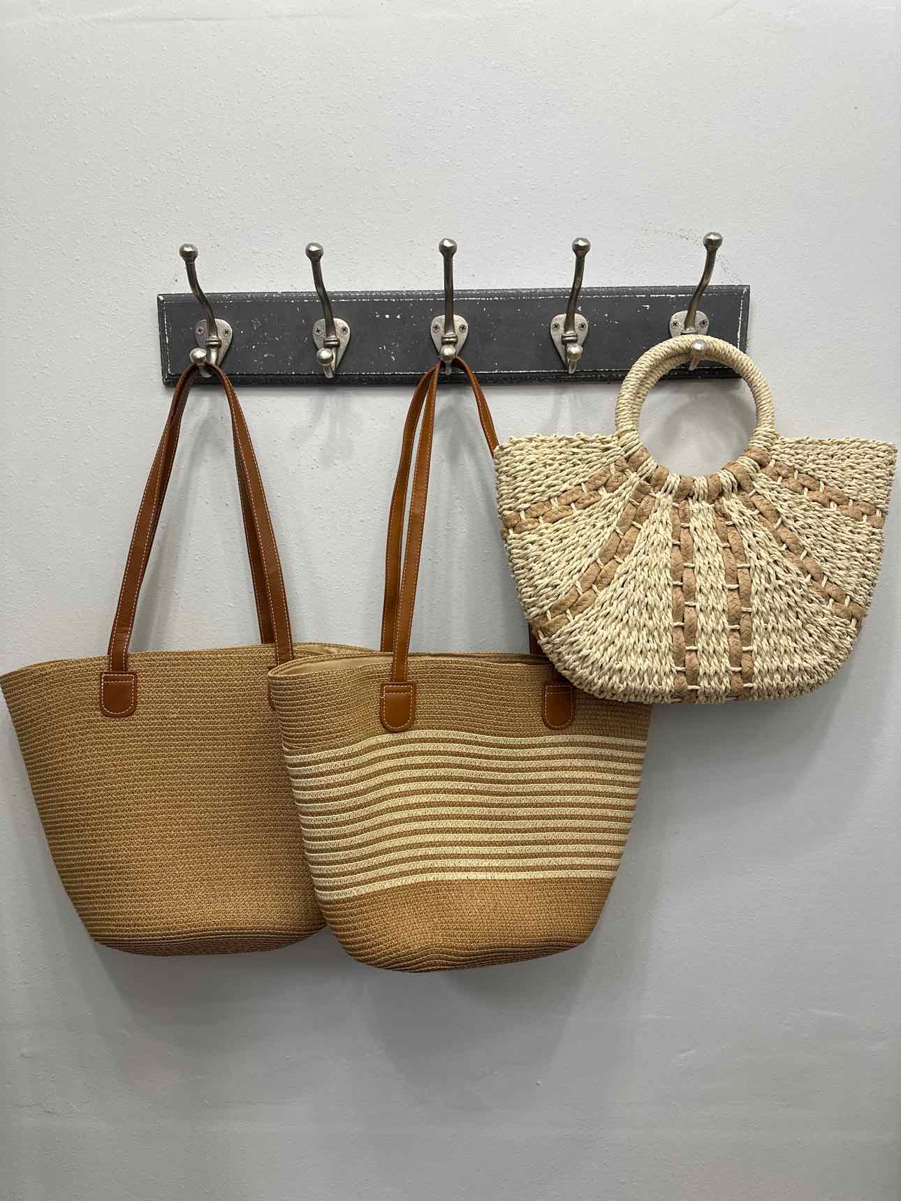 Woven Straw Tote Bag With Fanned Stripes Detail