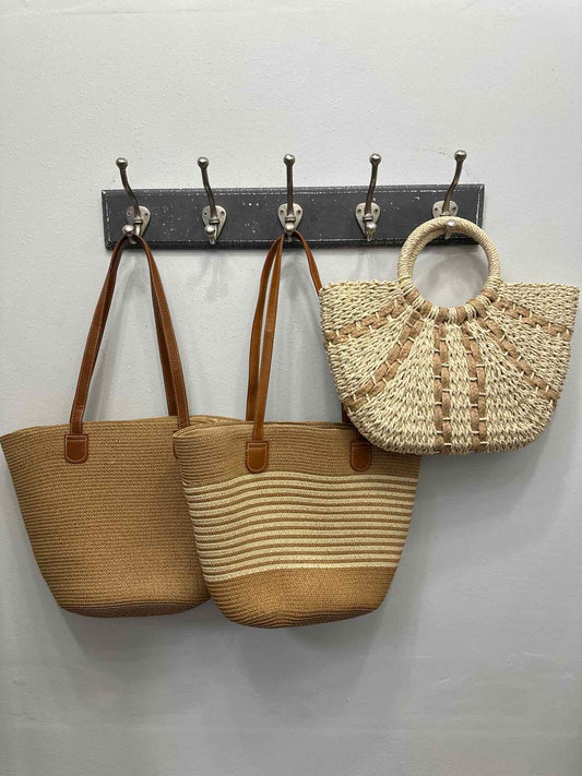 Woven Straw Tote Bag With Fanned Stripes Detail
