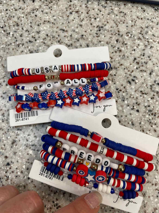 Set of Five Patriotic USA Soft Bead Stretch Bracelets