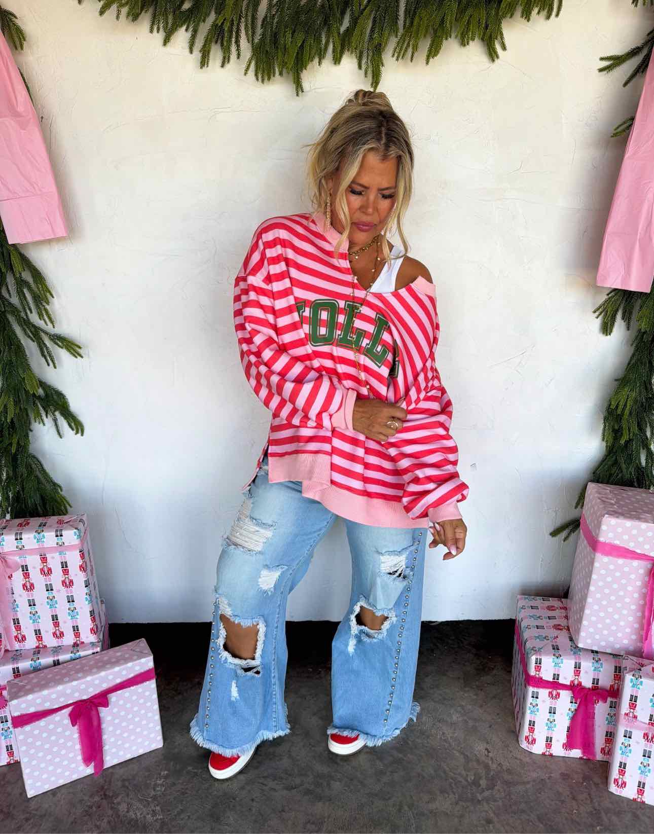 PREORDER! Striped Christmas Holiday Oversized Sweat Shirt Top