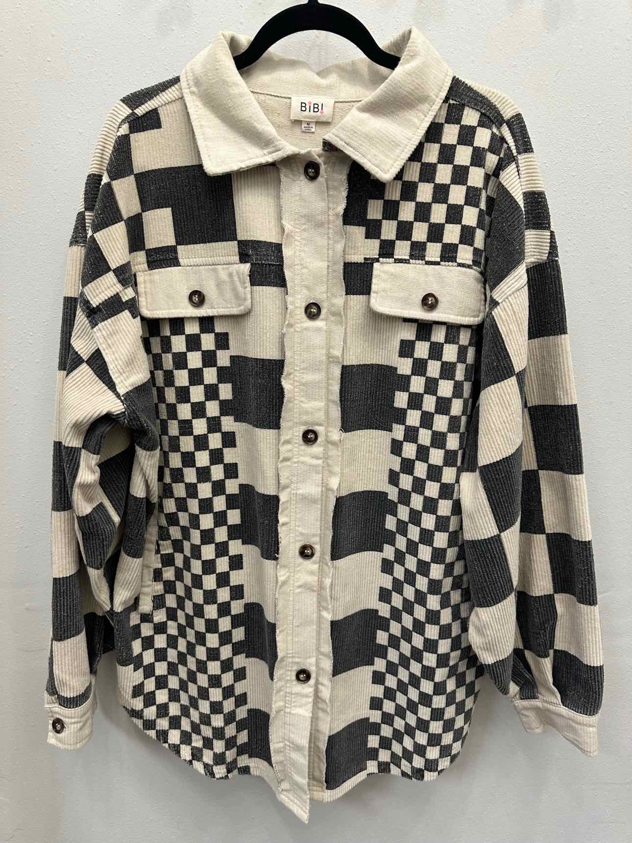 Bibi Oversized Ribbed Checkered Patchwork Button Down Medium White/Grey Shacket