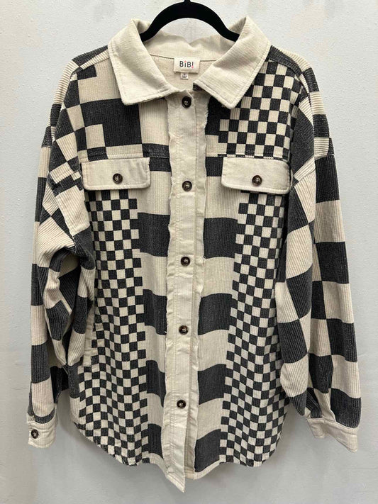 Bibi Oversized Ribbed Checkered Patchwork Button Down Medium White/Grey Shacket