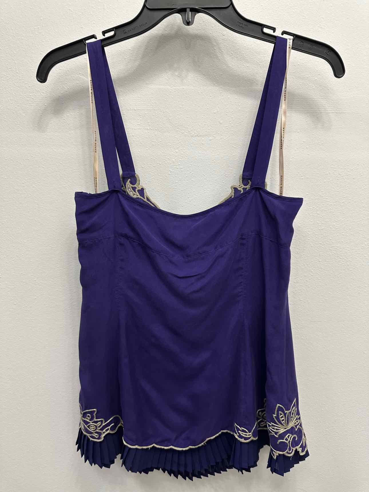 Karen Millen 100% Silk Embroidered Beaded Neck Size 10 purple Pleated Tank Top