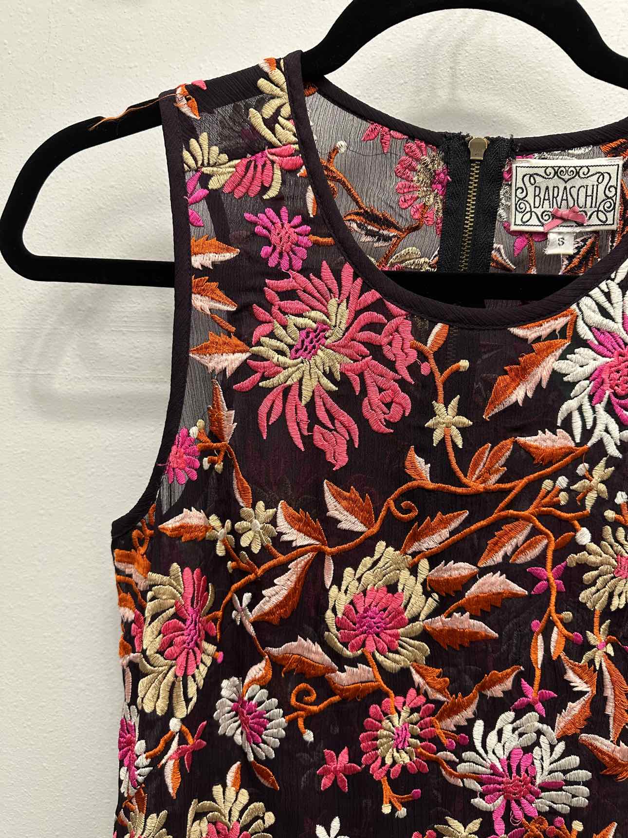 Baraschi Semi Sheer Floral Embroidered Tank Size Small Pink/Orange Top