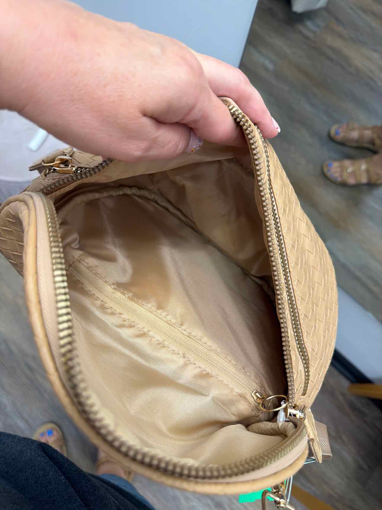 NEW woven faux leather multipocket waist bag crossbody Tan Handbags