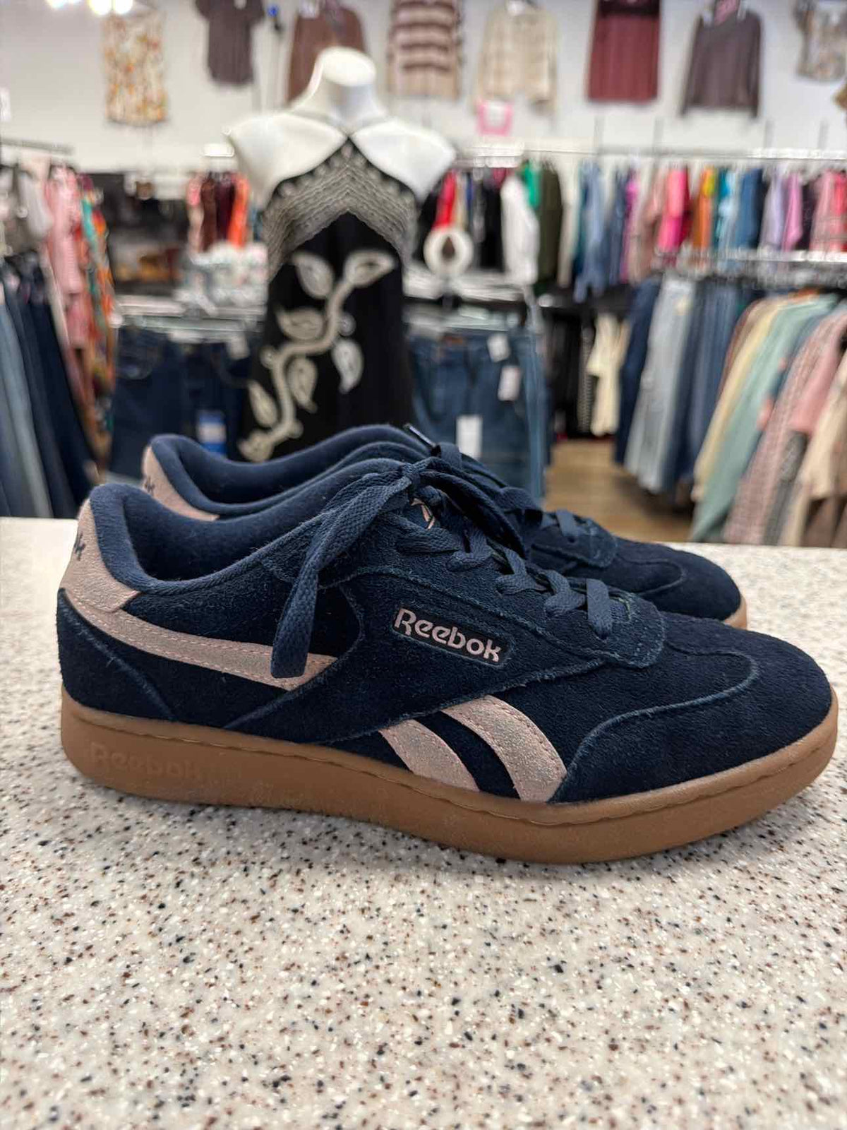 Reebok Size 8 Womans Forte Longer Suede Sneakers Pink-Toned Stripe Navy Sneakers