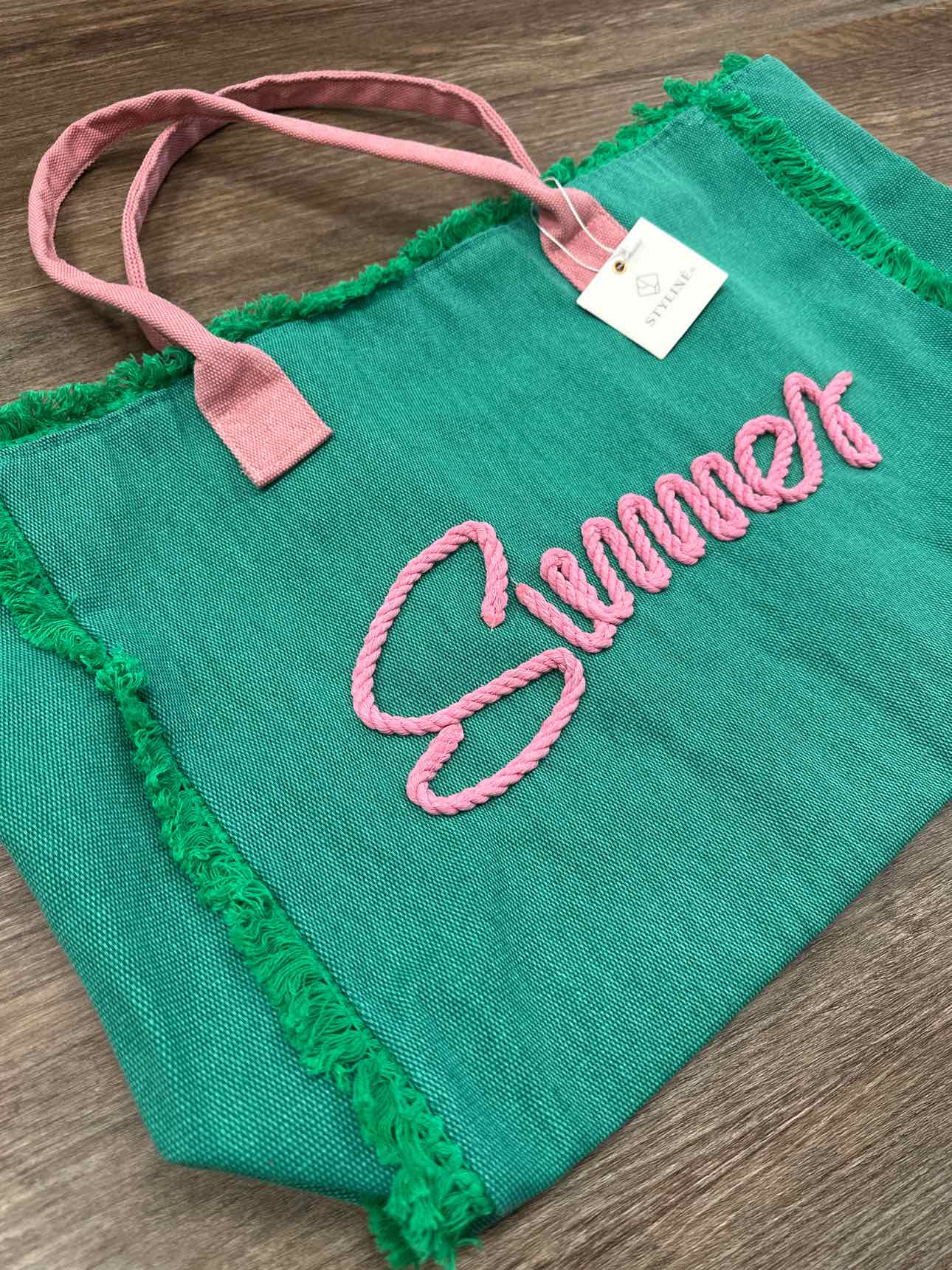 Summer Canvas Beach Tote Large Green and Pink Handbag