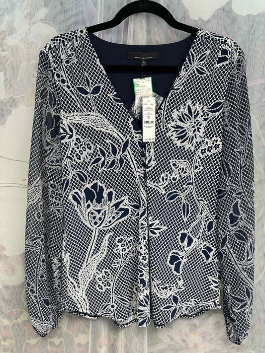 WHBM NEW NWT Floral Print Long Sleeve Blouse Size Medium Navy/White Top