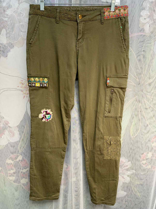 Desigual Embroidered Patch Decor Cargo Skinny Utility Size 40 Olive Pants