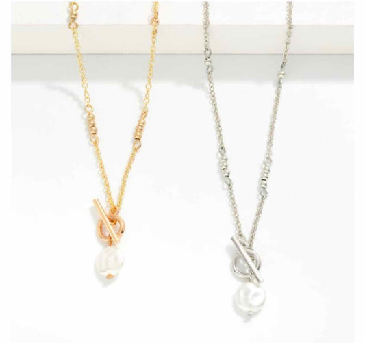 Chain Link Necklace Metal Tone Beaded Stations With Flat Pearl & Toggle Clasp