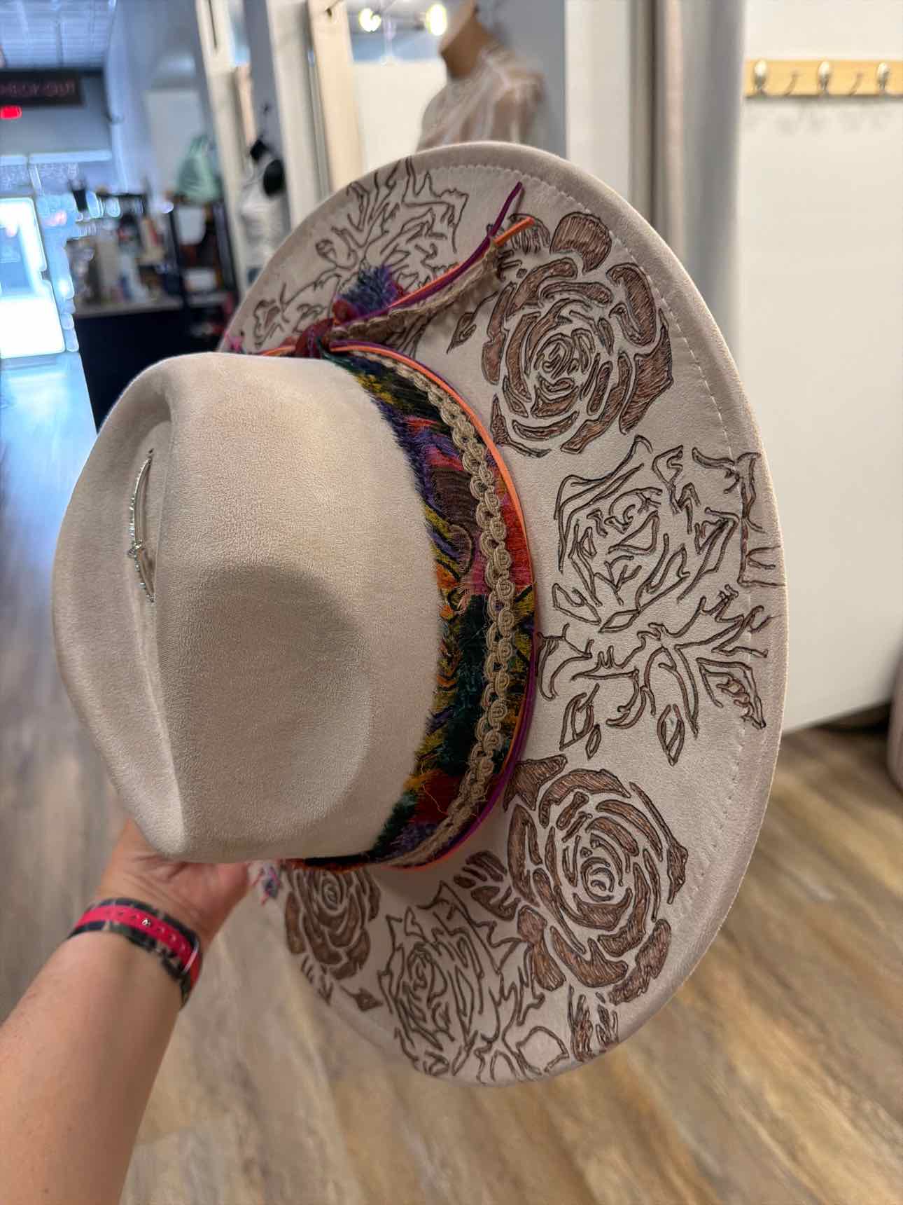 Custom handmade burned cowgirl cowboy hat with rose burnished patch and ribbon