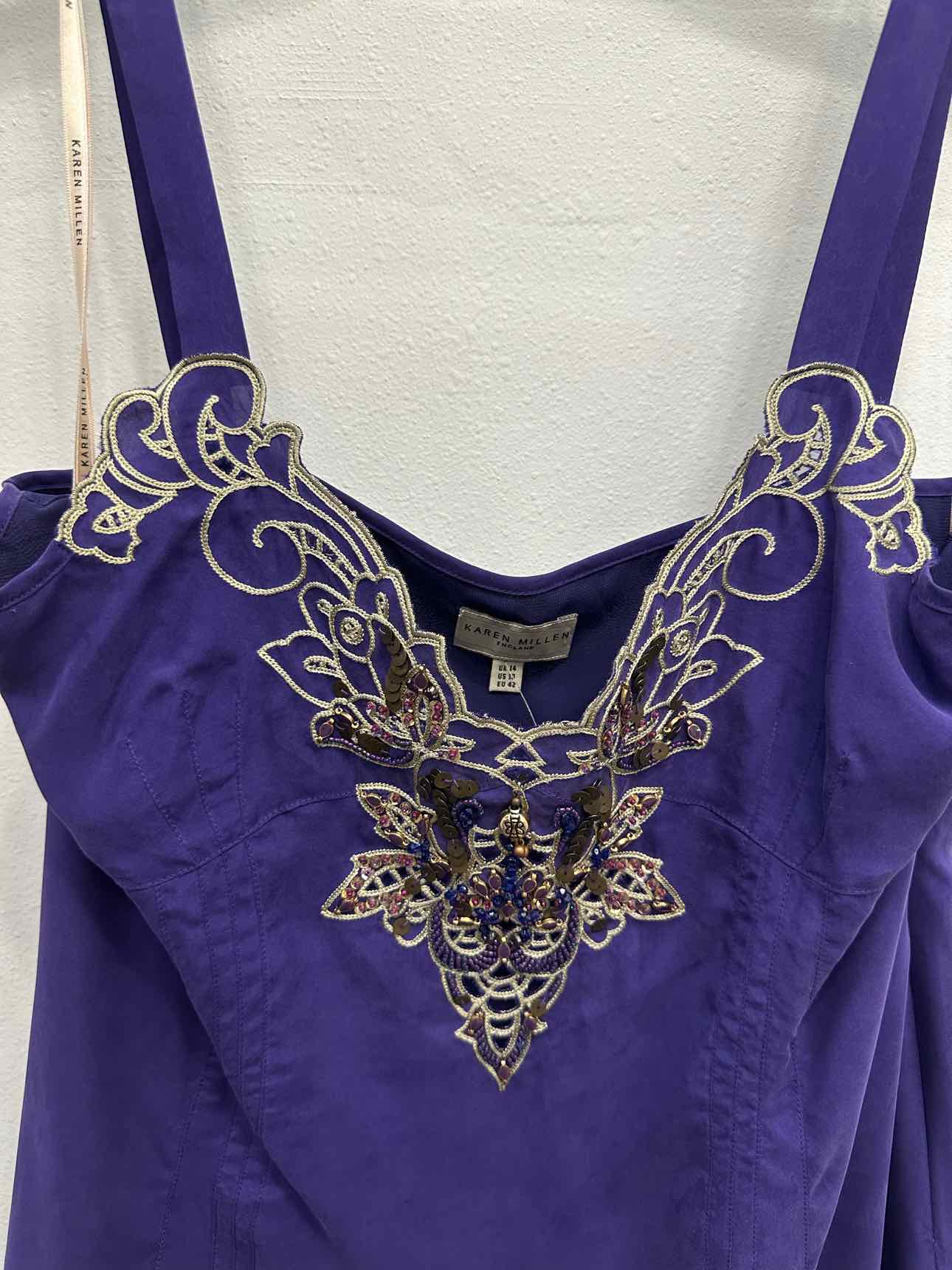 Karen Millen 100% Silk Embroidered Beaded Neck Size 10 purple Pleated Tank Top