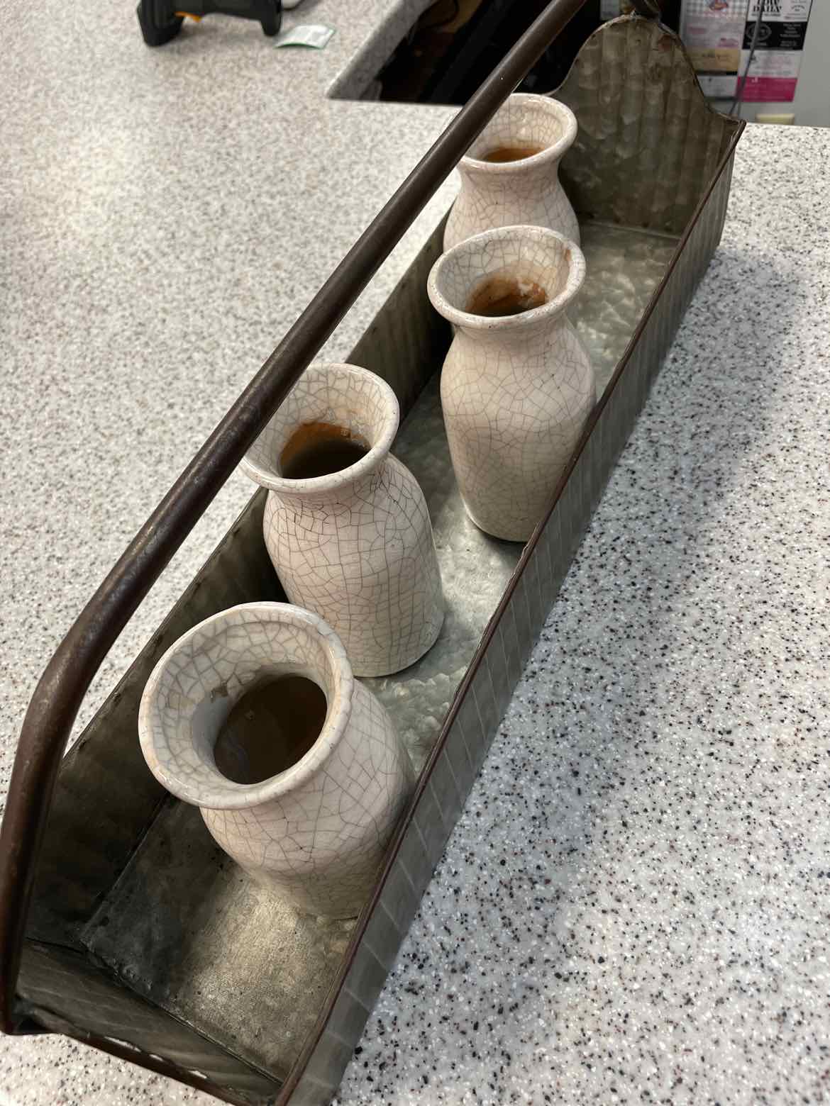 Rustic Metal Tote with 4 Crackle Bud Milk Jug Ceramic Bottles Home Decor