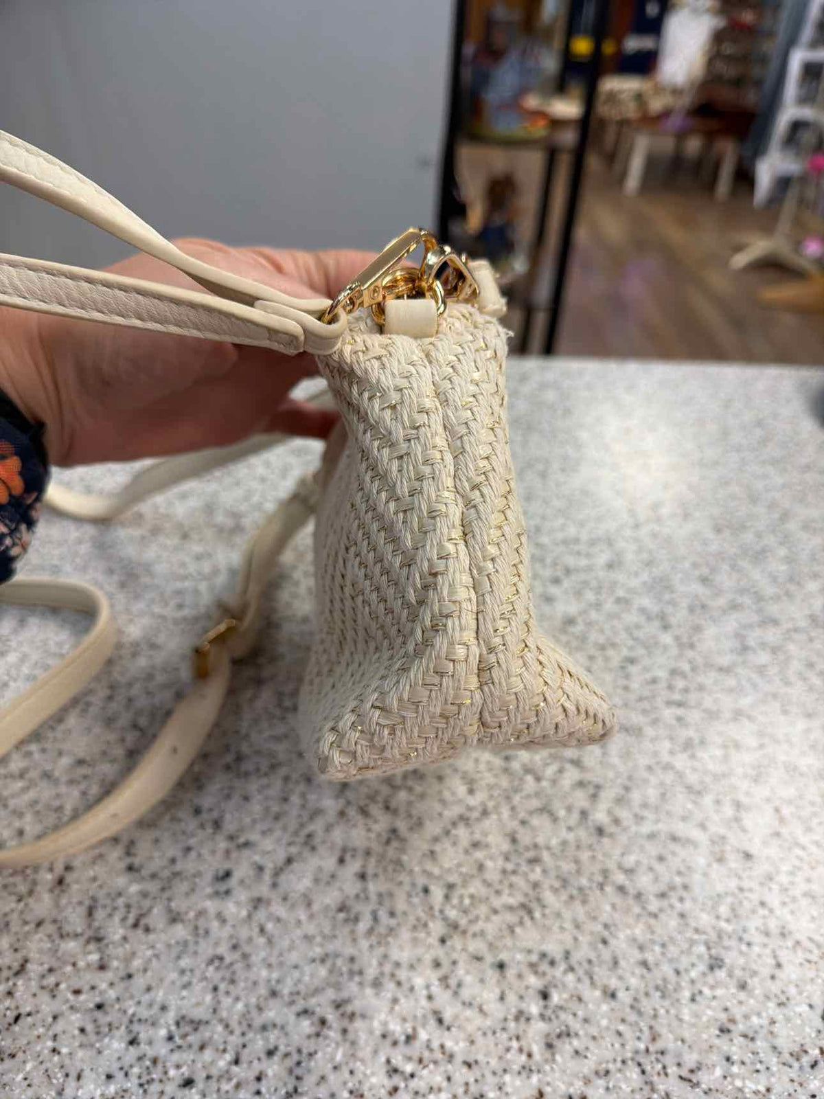 Madison West Cream Woven Canvas Gold Shimmer Crossbody Wristlet