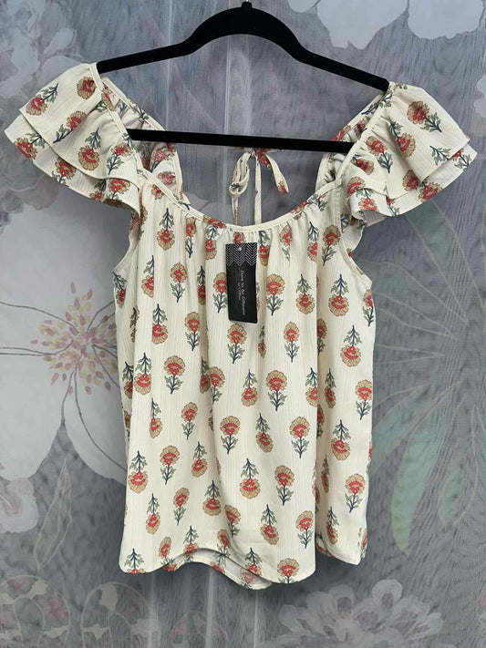 blu pepper NEW NWT Floral Print Ruffle Short Sleeve Size Medium Tan Blouse