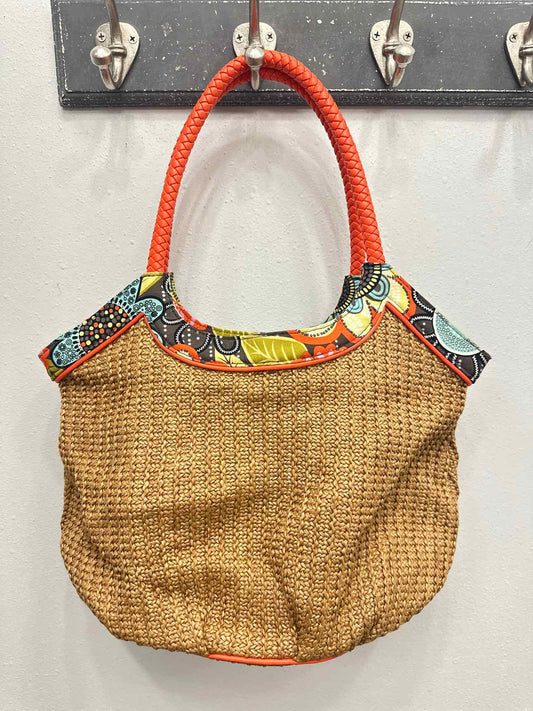 Vera Bradley Straw Bucket Tote Floral Pattern Brown and Orange Trim Handbag