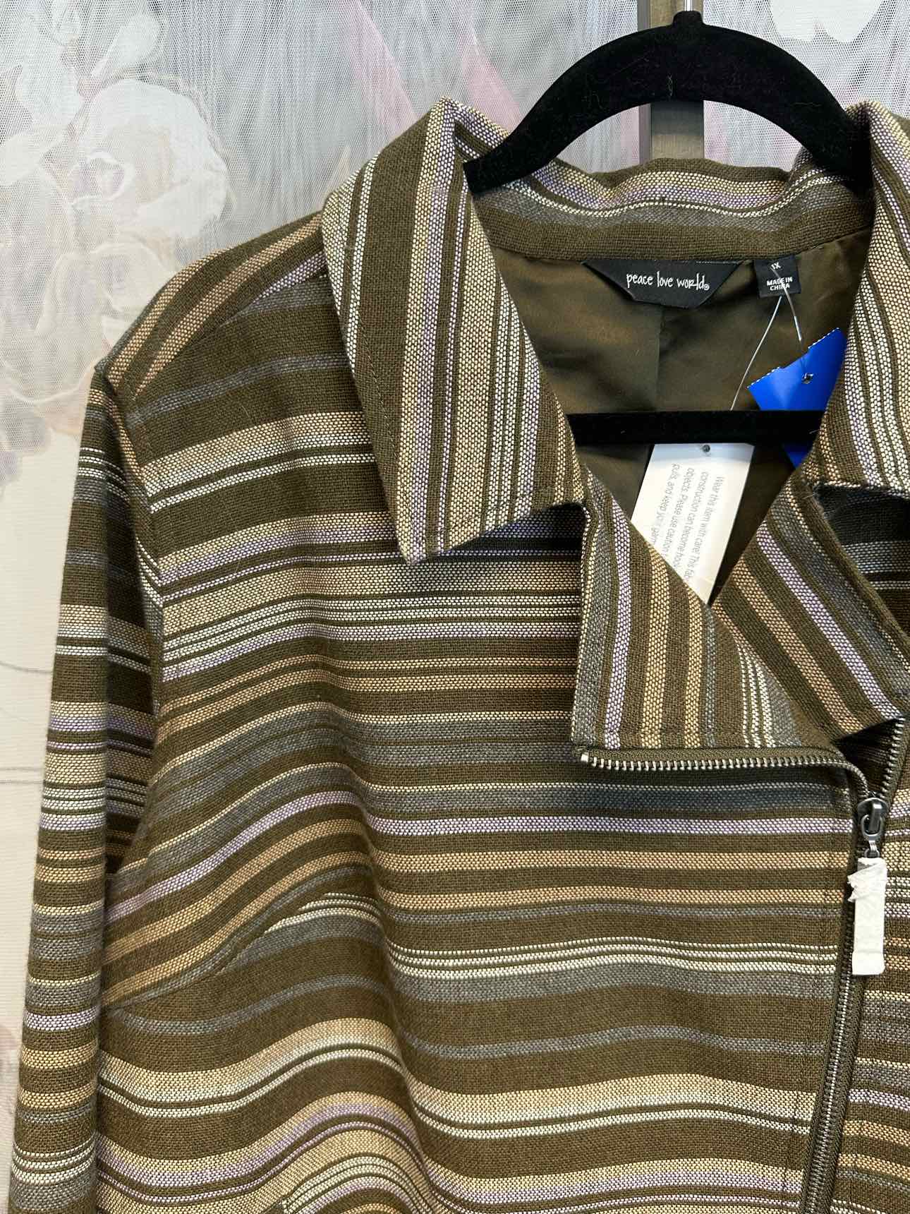 peace love world 1X Olive NEW NWT striped zip-up, asymmetrical tweed jacket