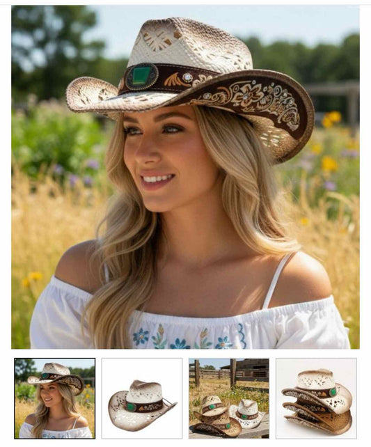 Straw Cowboy Hat With Floral Embroidery & Green Stone Band
