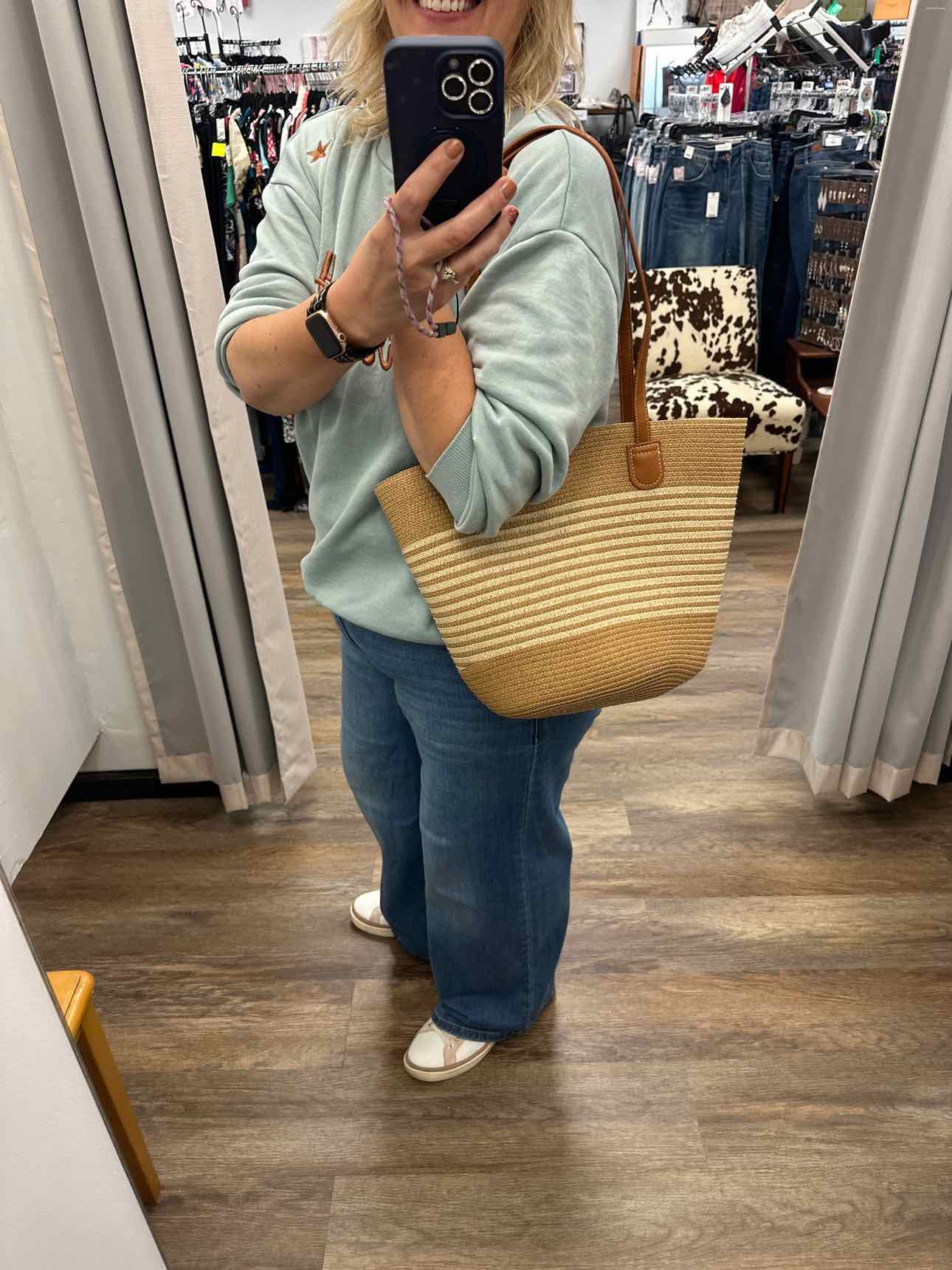 Woven Straw Tote Bag With Fanned Stripes Detail