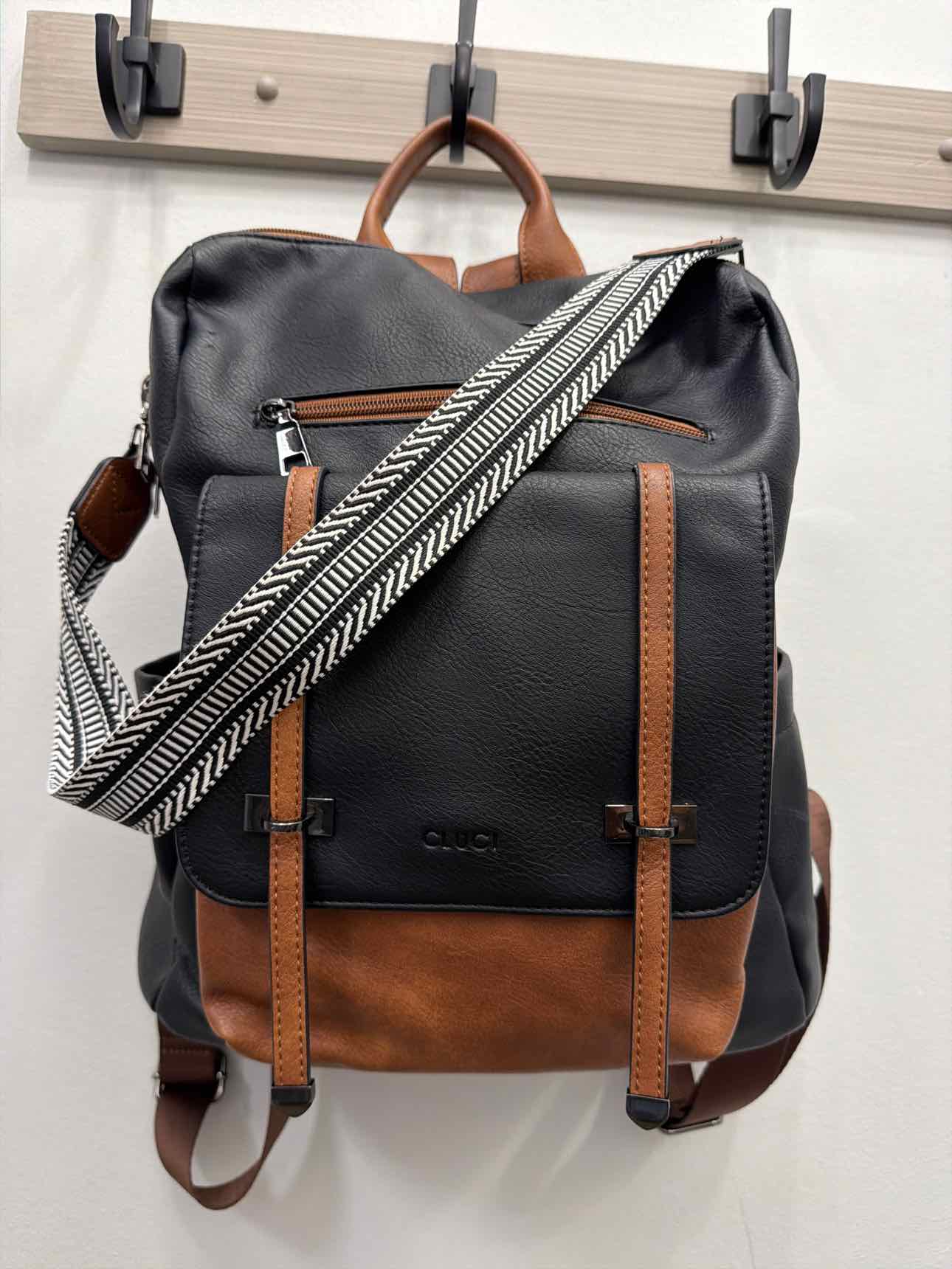 Cluci Faux Leather Backpack with Shoulder Strap Large Black Brown