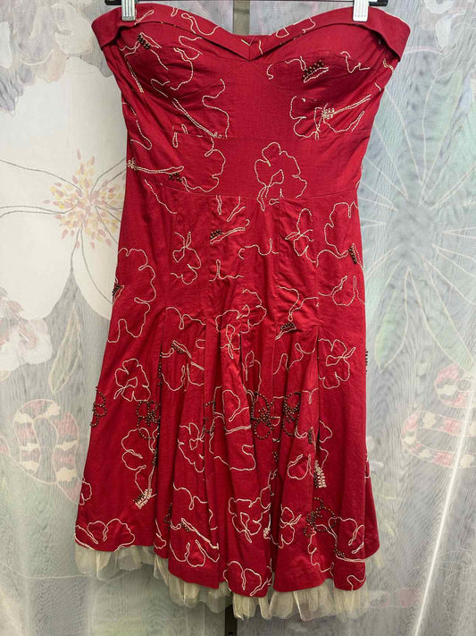 Tibi Size 6 Red Floral Embroidered Strapless A-Line Formal Dress NEW NWT