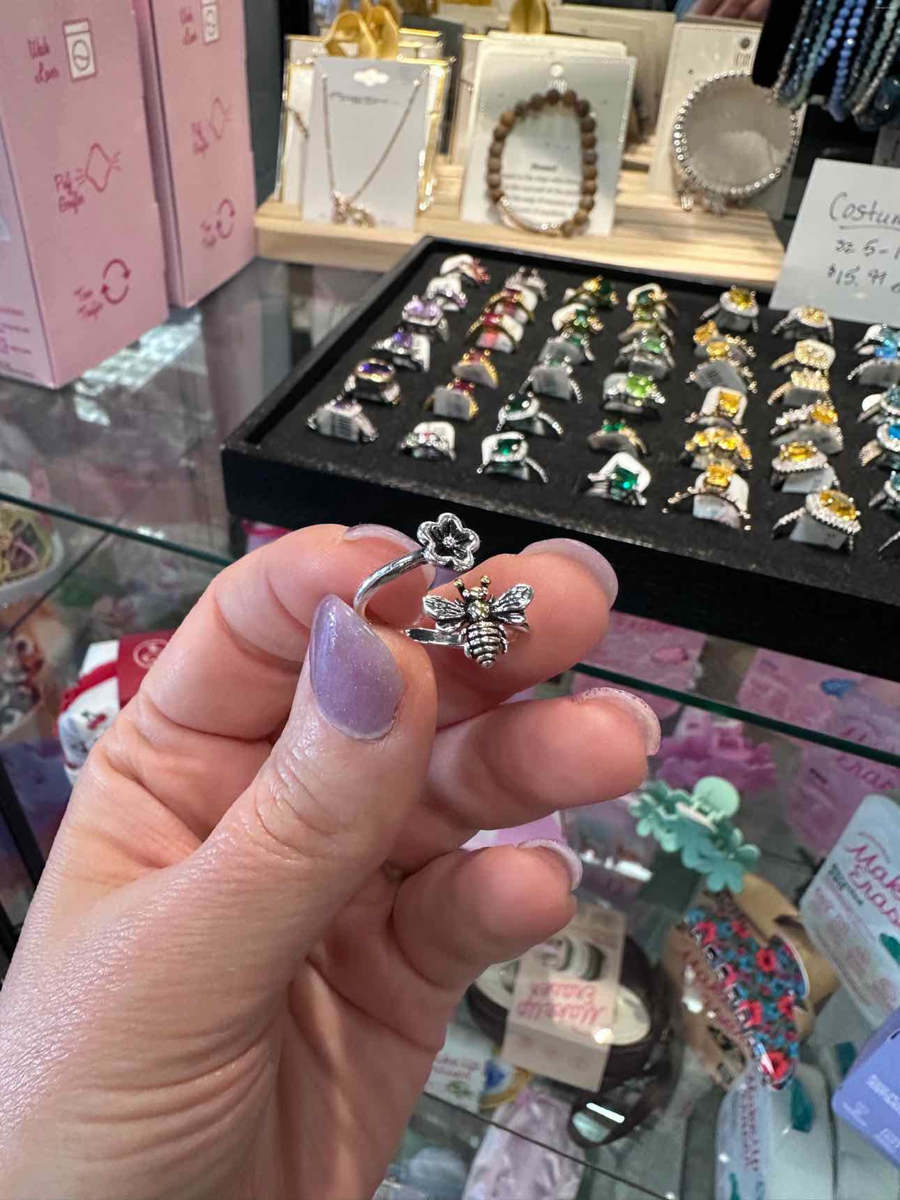 Bee and Flower Adjustable Silver-Tone Ring