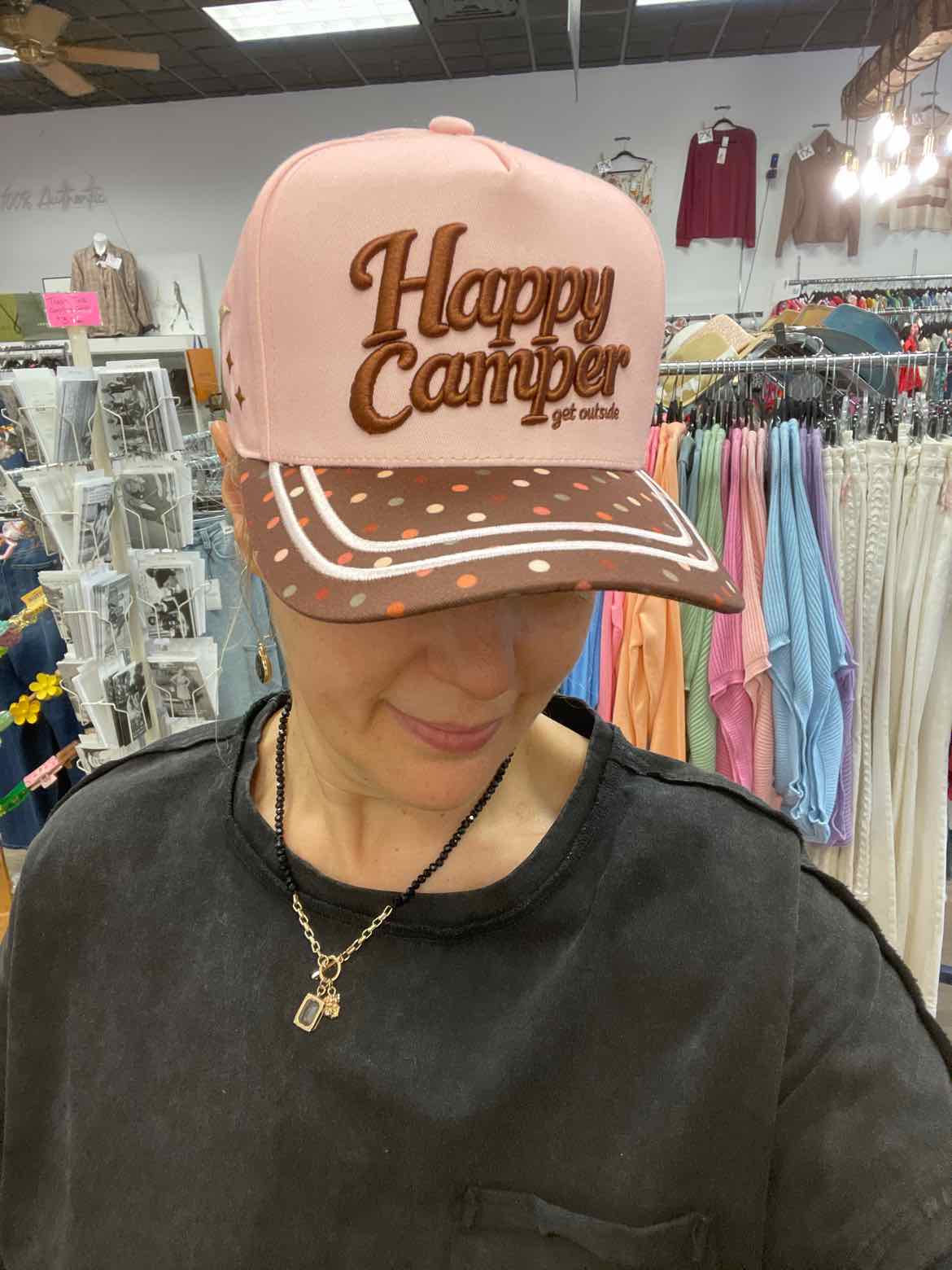 Happy Camper Embroidered Stitching Floral or Dotted Print Trucker Hat